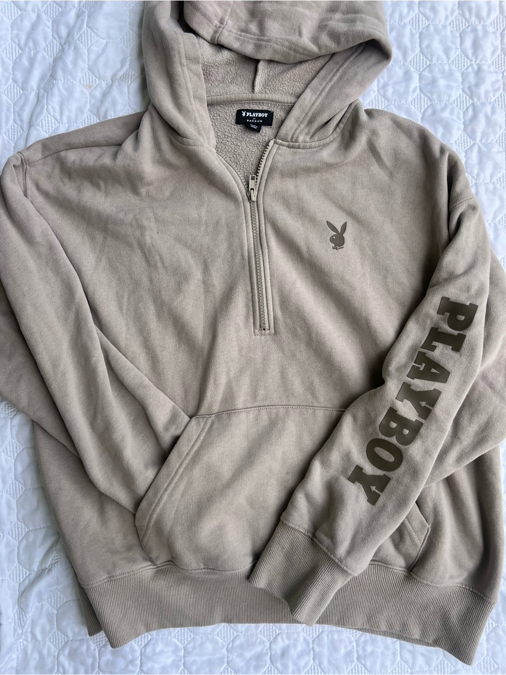 Playboy x Pacsun Collab Half Zip Hoodie Sweatshirt - XS - taupe - bunny logo